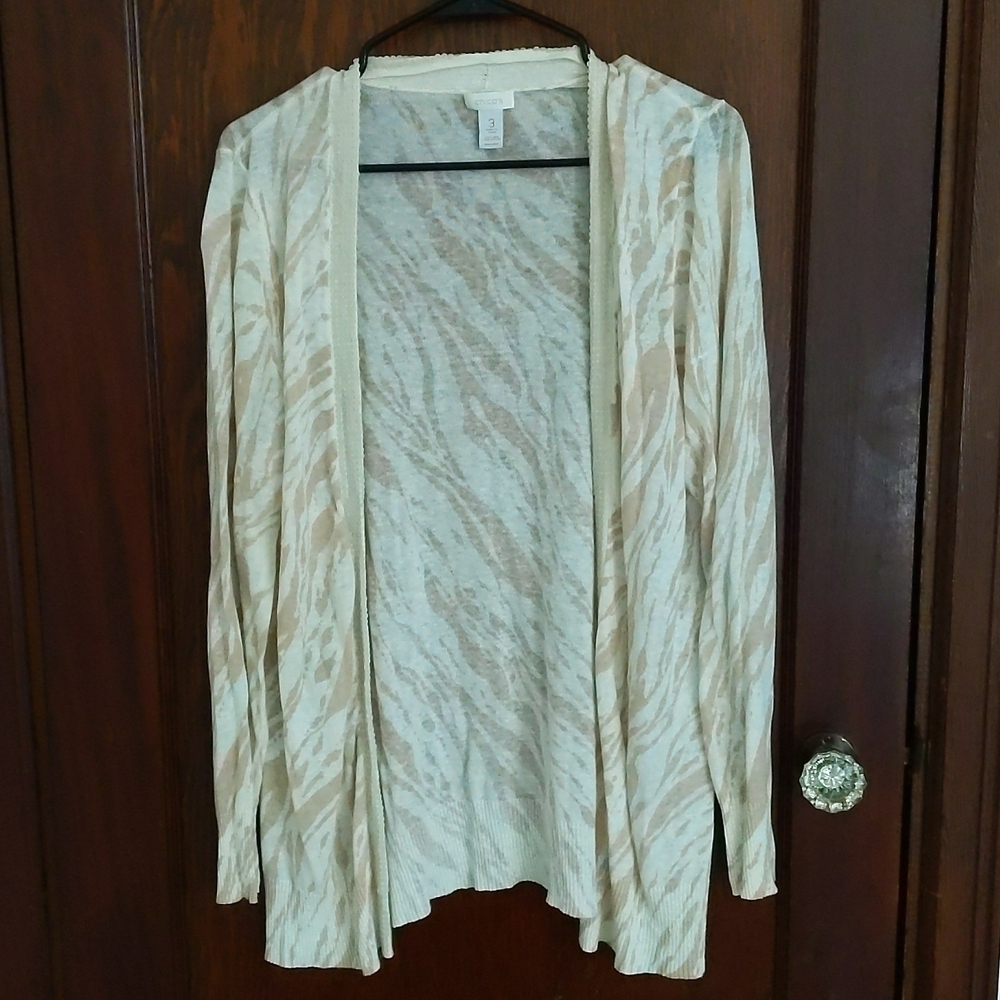 Chico's Tan & Cream Linen Blend Long Sleeve Sequin Open Cardigan Size XL